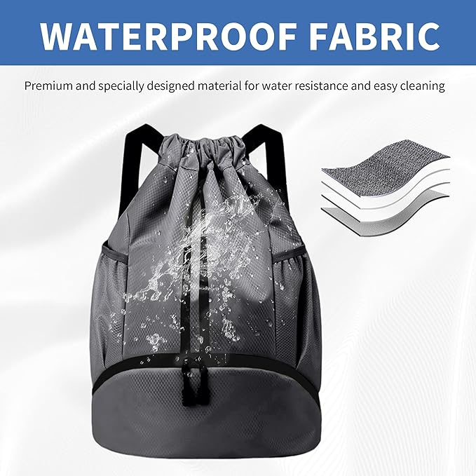 Drawstring Backpack Gym Bag with Shoes Compartment for Soccer, Basketball, Swim, Water-Resistant String Backpack Beach Cinch for Women Men, Dark Grey