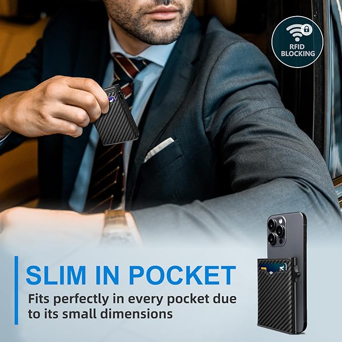 miyozi Wallet for Men,with Cash Pocket 2 ID Window 9-13 Cards,Metal Case Smart Slim Pop Up Credit Card Holder Flip with Magnetic Closure RFID Blocking Trifold wallet with Gift Box