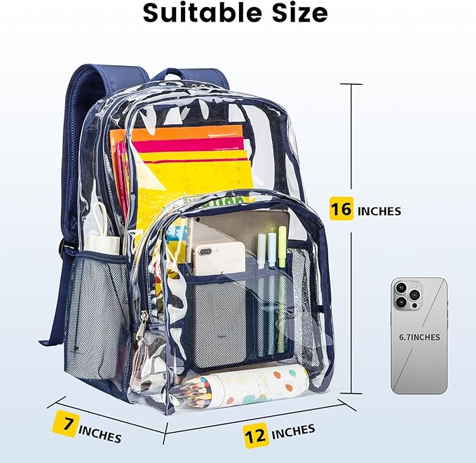 Vorspack Clear Backpack Heavy Duty PVC Transparent Backpack with Reinforced Strap Stitches & Large Capacity for College Workplace Security - Navy