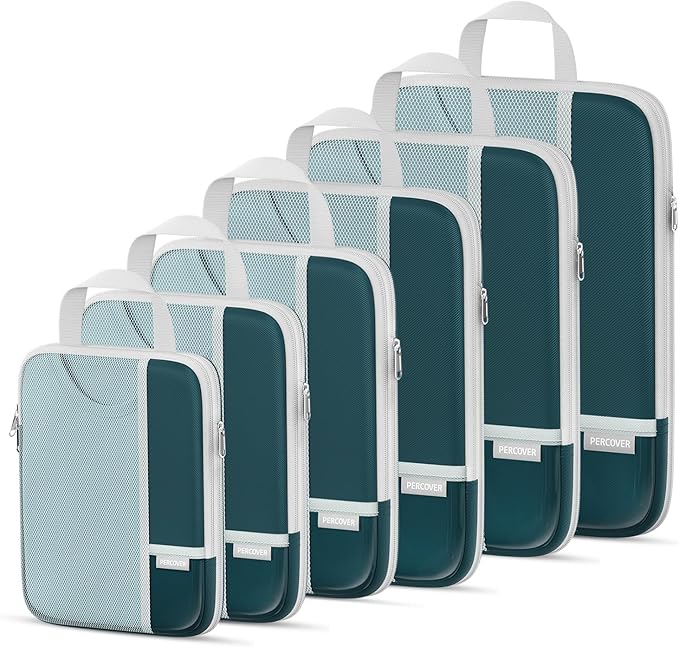Percover Compression Packing Cubes 6-Piece Set, Packing Cubes Compression for Travel with Multi-Size Organization, Travel Organizer for Carry On & Checked Luggage, Peacock Green