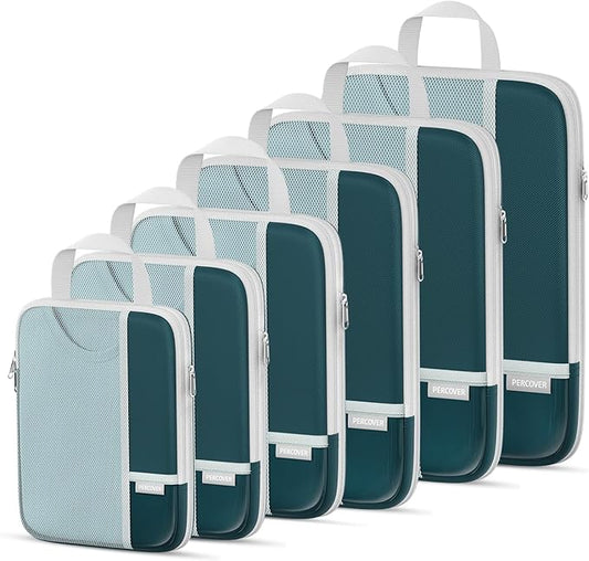 Percover Compression Packing Cubes 6-Piece Set, Packing Cubes Compression for Travel with Multi-Size Organization, Travel Organizer for Carry On & Checked Luggage, Peacock Green