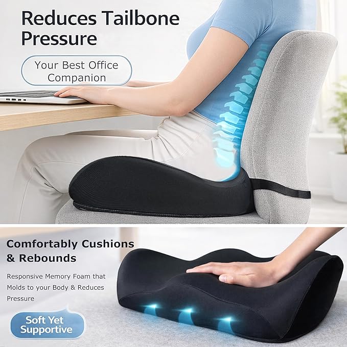 X Large Memory Foam Seat Cushions for Office Chairs, Long Sitting Pressure Relief Ergonomic Office Chair Cushion for Butt Coccyx Tailbone Sciatica, Car Seat Booster for Height (Black)