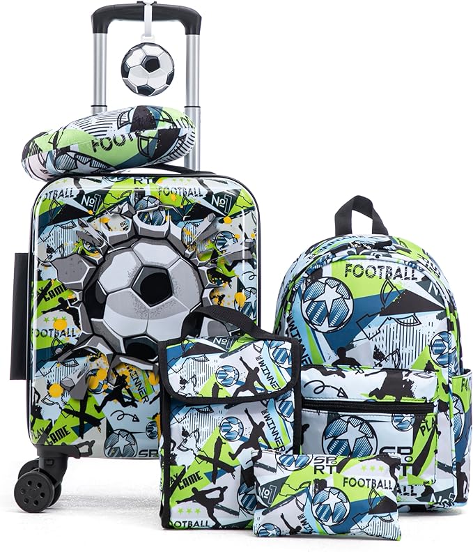 Kid’s Luggage Set 6 Piece Suitcase Set 16" Hardside Luggage with Spinner Wheels Girls Boys Carry on Luggage Travel Rolling Luggage Airline Approved (Soccer)