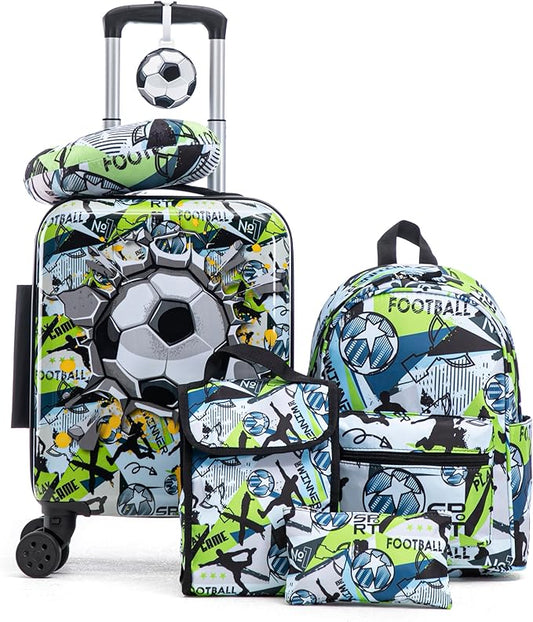 Kid’s Luggage Set 6 Piece Suitcase Set 16" Hardside Luggage with Spinner Wheels Girls Boys Carry on Luggage Travel Rolling Luggage Airline Approved (Soccer)