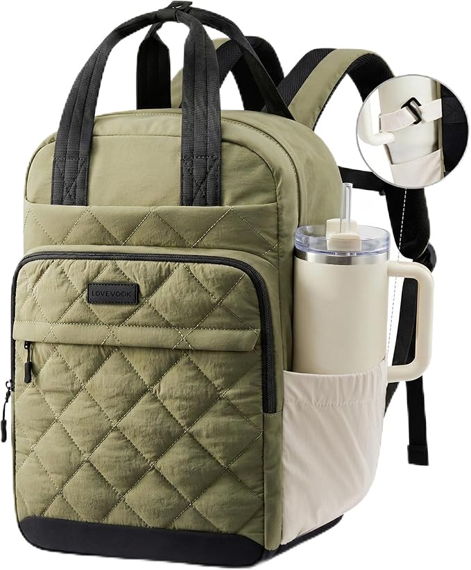 LOVEVOOK Puffer Backpack for Women Fits 15.6 Inch Laptop, Quilted Travel Backpacks Purse with Large Cup Holder, Teacher Computer Work Bags College Shool Bookbag, Puffy Carry On Personal Item Bag