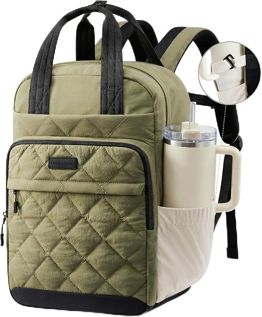 LOVEVOOK Puffer Backpack for Women Fits 15.6 Inch Laptop, Quilted Travel Backpacks Purse with Large Cup Holder, Teacher Computer Work Bags College Shool Bookbag, Puffy Carry On Personal Item Bag