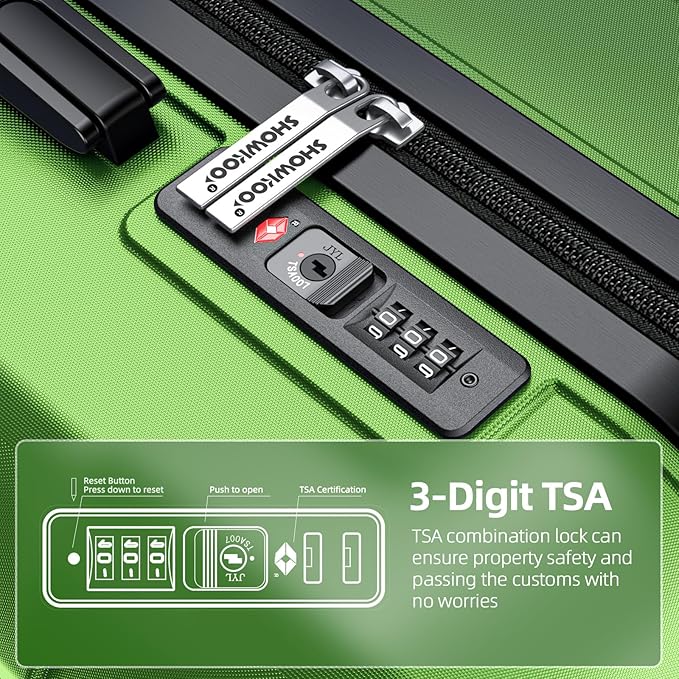SHOWKOO Luggage Sets Expandable 100% PC Durable Suitcase Sets Double Wheels TSA Lock Green 3pcs