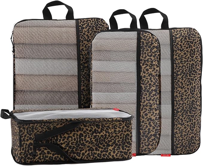 U+U 4 Set Compression Packing Cubes - Ultralight Travel Organizers, Space-Saving Suitcase Organizer, Expandable Packing Cubes for Travel, Business Trip and Family Vacation (Leopard)
