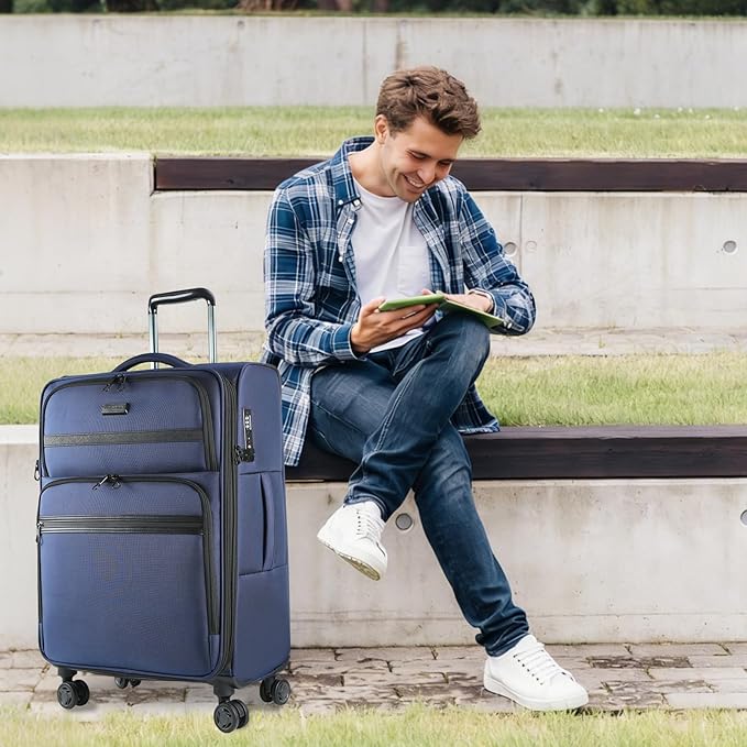 KROSER Softside Expandable checked Luggage with Front Business Pockets，24 Inch Suitcases with Spinner Wheels & Built-in TSA Lock, Durable Suitcase Rolling Luggage, Navy