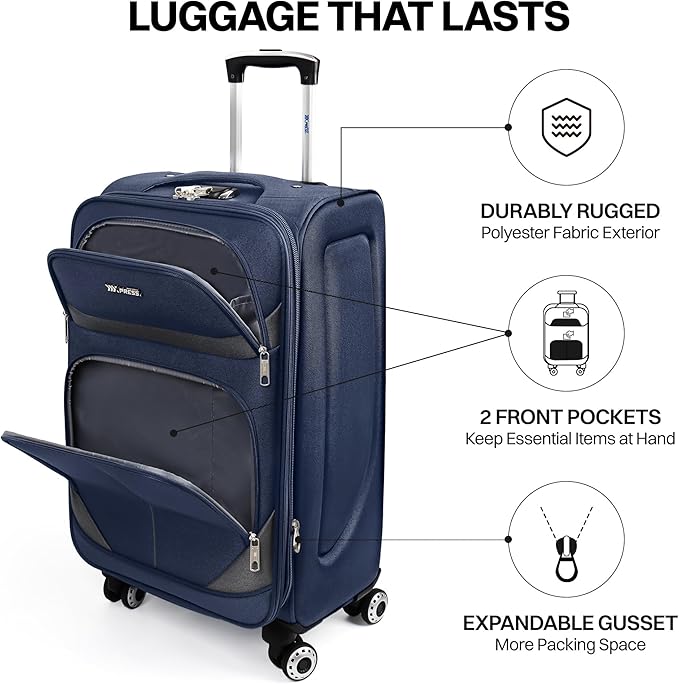 3-Piece Softside Expandable Luggage Set with Front Open Pocket,Lightweight Durable Suitcase Sets Double Spinner Wheels & w/LOCK（Navy-Grey,20in/24in/28in）