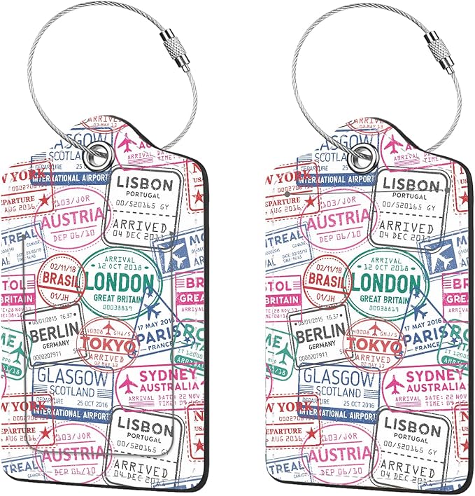 2 Pcs Luggage Tags for Suitcase, Cute Unique PU Leather Travel Bag Tag with Privacy Cover ID Label Address Card and Durable Metal Ring Suitable for Men Women Children Backpack,Stamp Seal