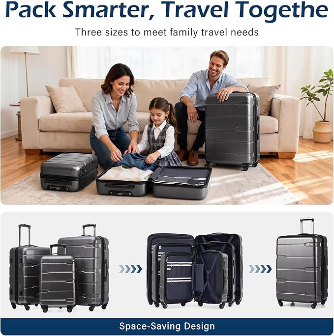 Coolife Medium Checked Luggage Hardside PC+ABS Suitcase with TSA Lock, Lightweight Rolling Carry On with Spinner Wheels(Charcoal, 24in)