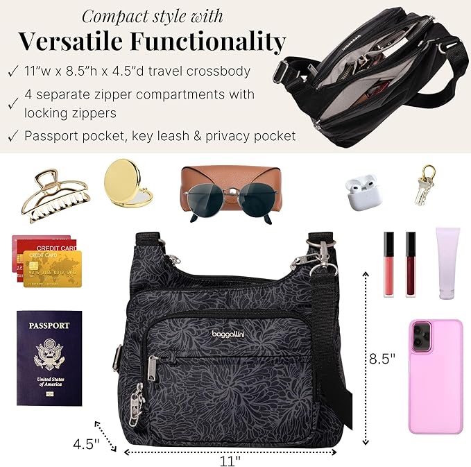 Baggallini Securtex Anti-theft Crossover Crossbody Bag 11”w X 8.5”h, Rfid, Built-in Wallet, Locking Zippers