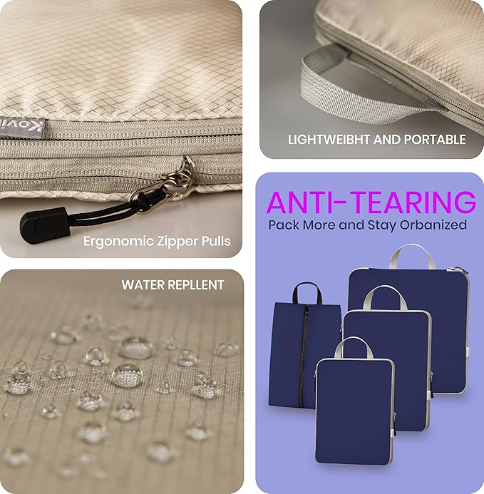 Compression Packing Cubes for Travel, Set of 4 Expandable Luggage Organizers with Shoe Bag, Lightweight Water-Resistant Suitcase Essentials for Carry-on & Checked Luggage, Blue