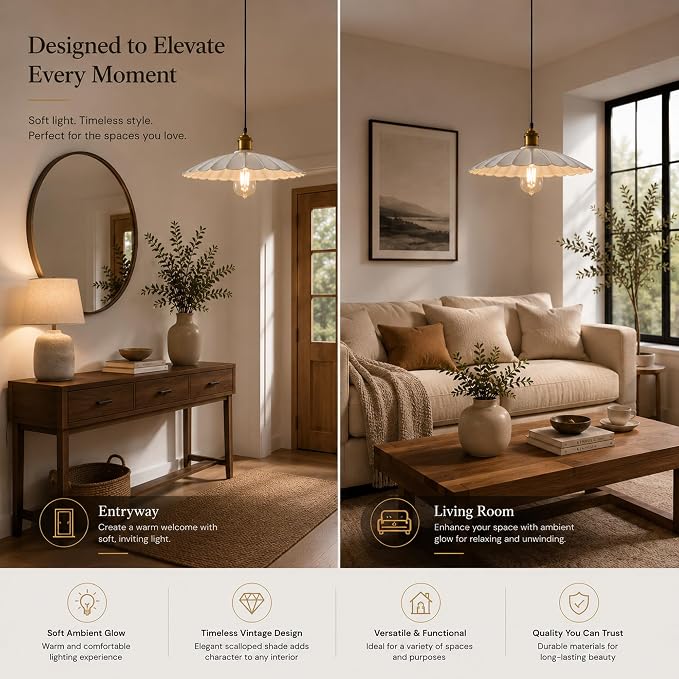 2Pack Hanging Lamp Plug in White 15.7" Shade Cozy Vintage Pendant Light for Kitchen Island and Dining Room, Farmhouse Hanging Lamp with Brass Accent, Adjustable Light Cord