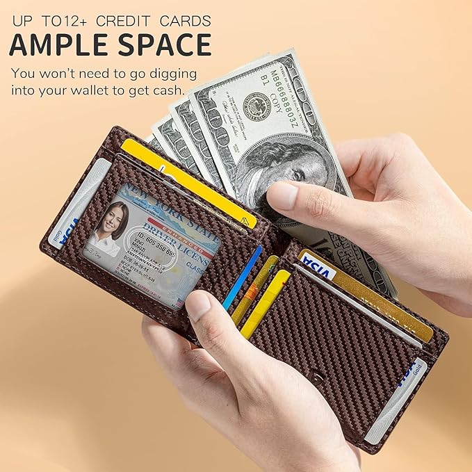 GSOIAX Slim Wallet for Men Rfid Blocking Leather Bifold Front Pocket Carbon Fiber Credit Card Holder Novelty Wallets With Gift Box (Carbon Coffee)