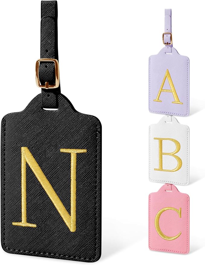 Initial Letter Luggage Tags for Suitcases, Personalized Embroidered Letter Luggage Bag Suitcase Identifier Name Tag, Cute PU Leather Travel Luggage Tags, Bag Tags for Luggage Handbags(Black N)