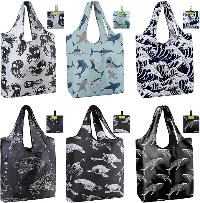 BeeGreen Reusable Grocery Bags for Groceries | Foldable Tote Bags with Handles Reusable Gift 6 Set - Heavy Duty Washable Polyester Travel and Shopping Basket - Bulk Bag for Women Animal Lovers