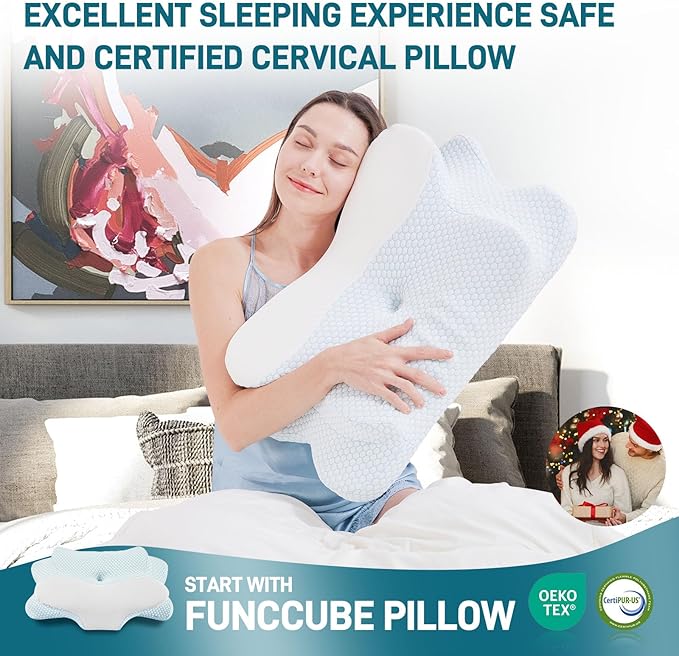 Cervical Neck Pillow - Memory Foam Pillow for Pain Relief Sleeping, Ergonomic Neck Support Contour Pillows for Side Back Stomach Sleepers,Orthopedic Breathable Pillowcase (Blue White)