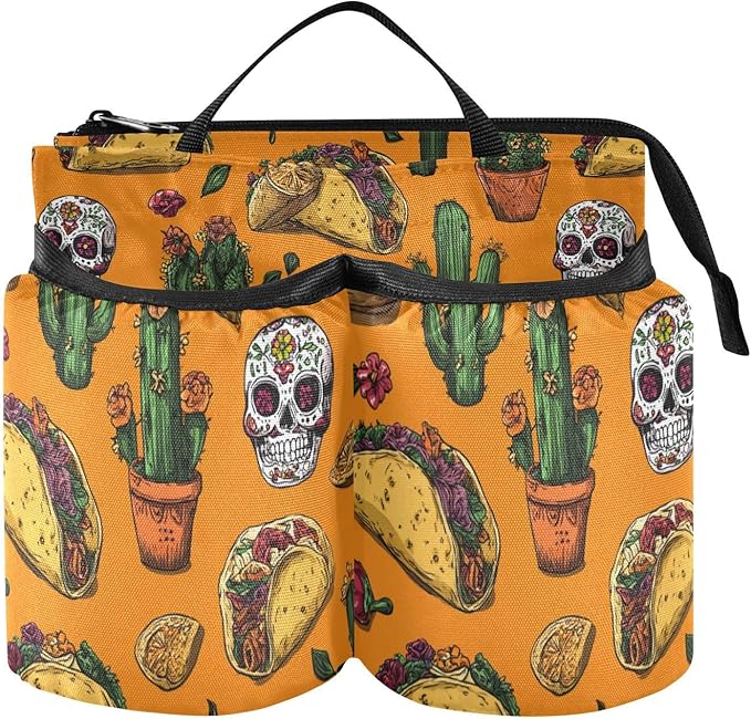 Luggage Cup Holder for Suitcases Free Hands Travel Cup Holder Portable Suitcase Cup Drink Holder Luggage Cup Caddy Bag Carrier Orange Mexico Tacos Chilis Skulls