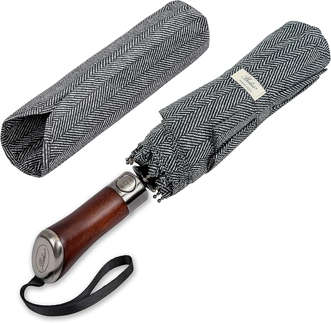 Balios (Designed in UK) Travel Umbrella Luxurious Golden Hardwood Handle Auto Open & Close Windproof Frame Single Canopy Automatic Folding Umbrella Men's & Ladies