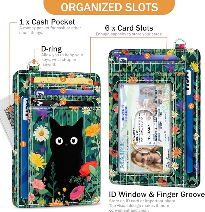 Yonlevres Black Cat Credit Card Holder Slim Wallet, Floral RFID Wallet Women Front Pocket Small Card Holder, Travel Funny Cute Thin Card Case ID Window PU Leather RFID Blocking Card Organizer Girls