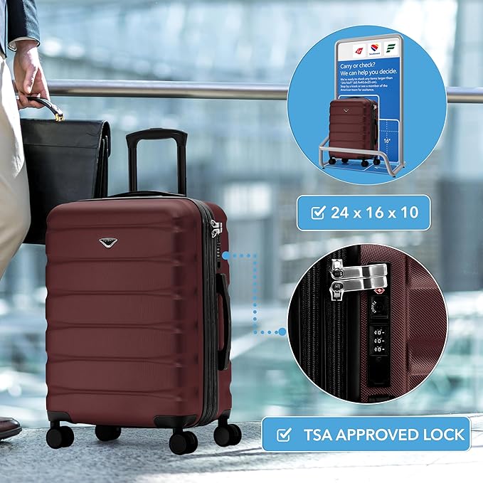 Flight Knight 24x16x10 Expandable Carry On Suitcase Hardside TSA Lock USB C Lightweight Luggage Silent Double Spinner Wheels Maximum Overhead Carry-On Bag For Virgin South West Approved Burgundy