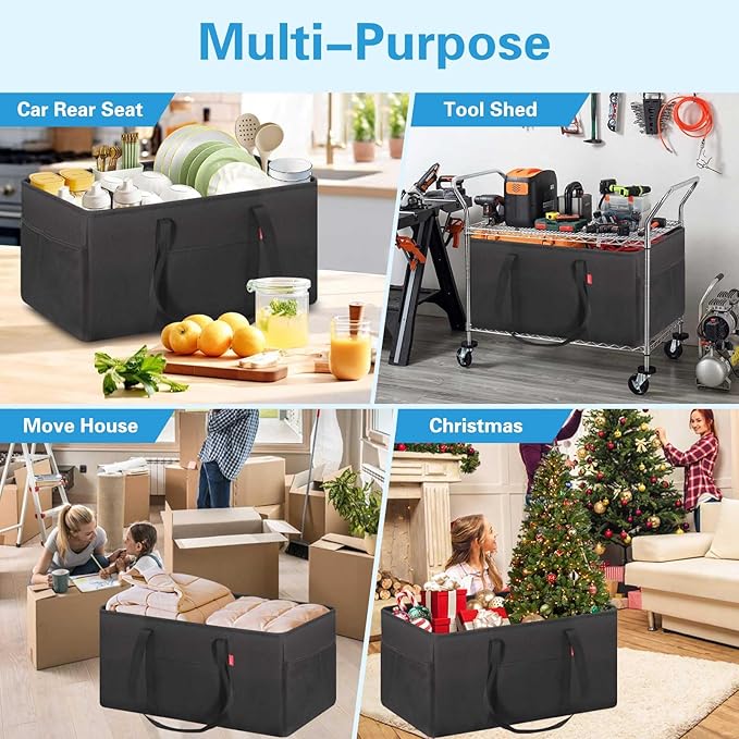 LHZK Standing Extra Large Utility Tote Bag with Metal Wire Frame and the Sides Rinforced, Extra Large Tote Bag with Handle, Reusable Grocery Bags Foldable, Beach Bag, Car Tote (Black, 26''x15''x13'')