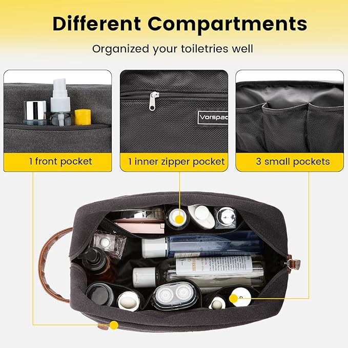 Vorspack Travel Toiletry Bag - Hanging Toiletry Bag for Men Water Resistant Canvas Shaving Bag with Large Capacity for Travel - Dark Grey