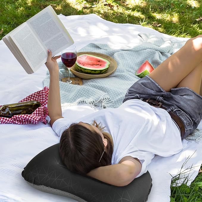 Camping Pillow with Built in Pump - Inflatable Pillow - Travel Pillows for Backpacking & Airplane, Lumbar Support Blow Up Compressible Pillow (Black (with Pump))