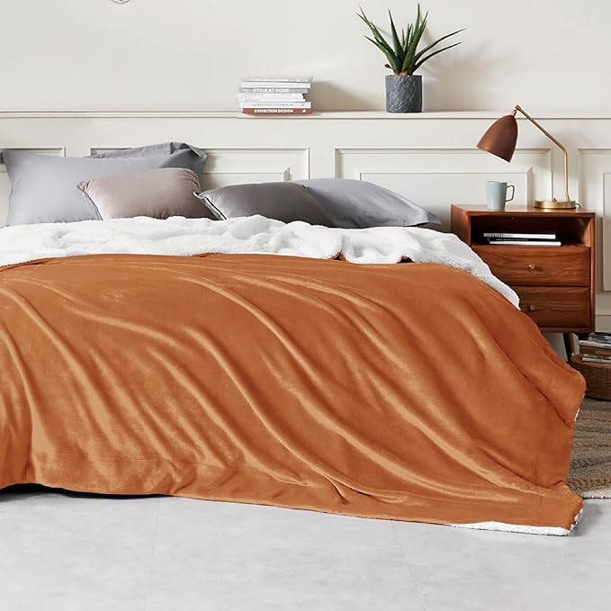 Bedsure GentleSoft Sherpa Fleece Blanket Queen Size for Bed, Non-Heated, Thick and Warm Throw for Women and Men, Soft Fuzzy Plush Queen Blanket for Winter, Burnt Orange, 90x90 Inches