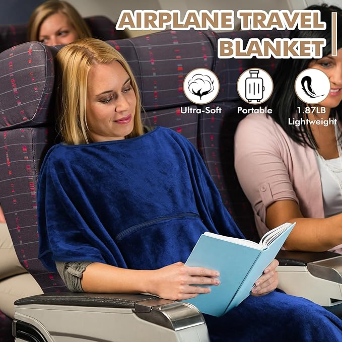 Tirrinia Travel Blanket Airplane Office Poncho 4 in 1 Premium Cozy Fleece Portable Poncho Blankets with Built-in Bag, Pocket