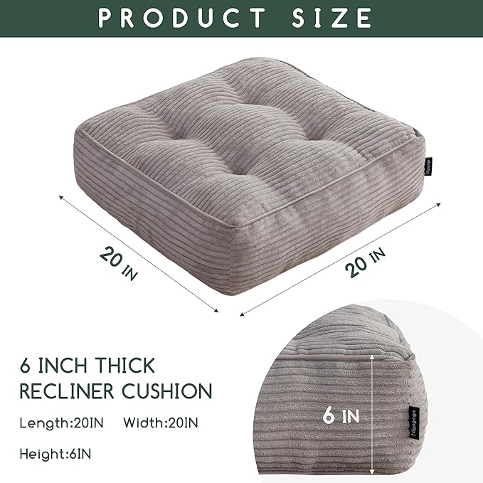 HIGOGOGO Tufted Corduroy Recliner Seat Cushion for Elderly, 20x20x6 Inch Extra Large Square Seat Cushion for Recliner Chair, Floor Pillow, Office Chair, Car, No Pressure on Thighs, Grey