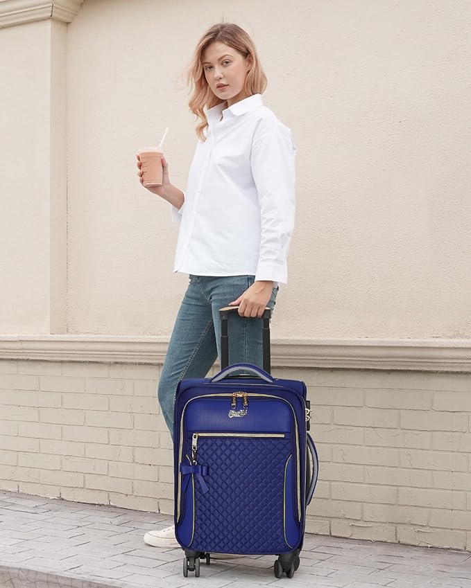 Carry On Luggage 22x14x9 Airline Approved, 20 Inch Softside Suitcase with 4 Pcs, Lightweight Luggage for Women with TSA Lock and 4 Spinner Wheels, Soft Side Carry-on Suitcases for Travel, Blue