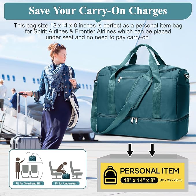 Travel Duffel Bag for Women, Carry-on Overnight Weekender Bags with Wet Pocket, For Spirit Airlines 18x14x8 Personal Item Bag,Small,Peacock Blue