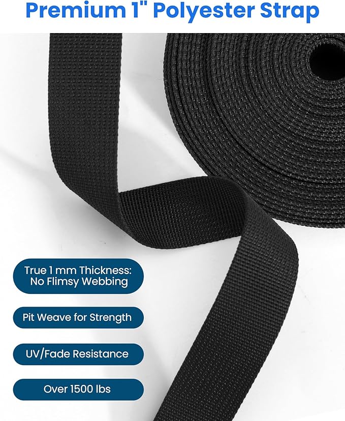 Buckle & Strap Kit - 6 Yards 1 Inch Wide Polyester Webbing Stronger Than Nylon, 6 Plastic Quick Release Buckles & 12 Triglide Clips, Adjustable Extender Straps for Backpack, Dog Collar, Fanny Pack