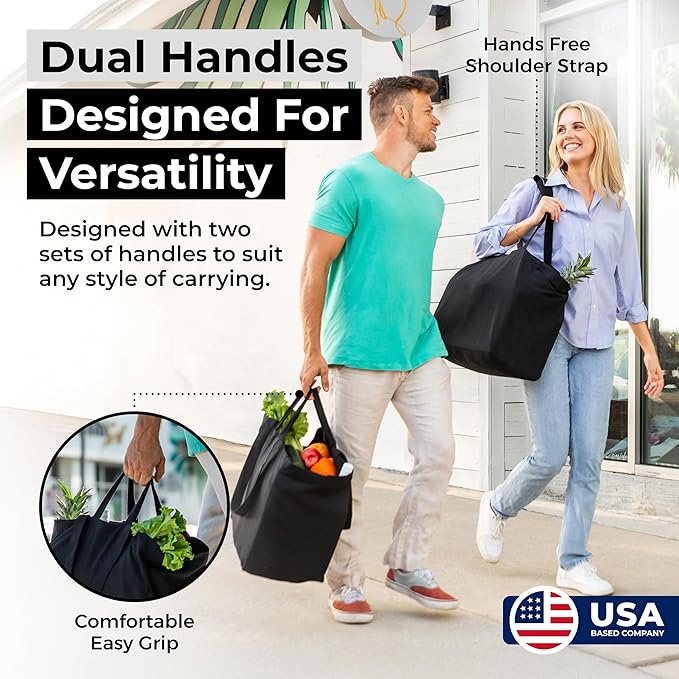 VeraMia Canvas Grocery Bag 3pc XL Set with Real Pockets, Long Shoulder Strap and Short Handle. Heavy Duty, Foldable, Washable