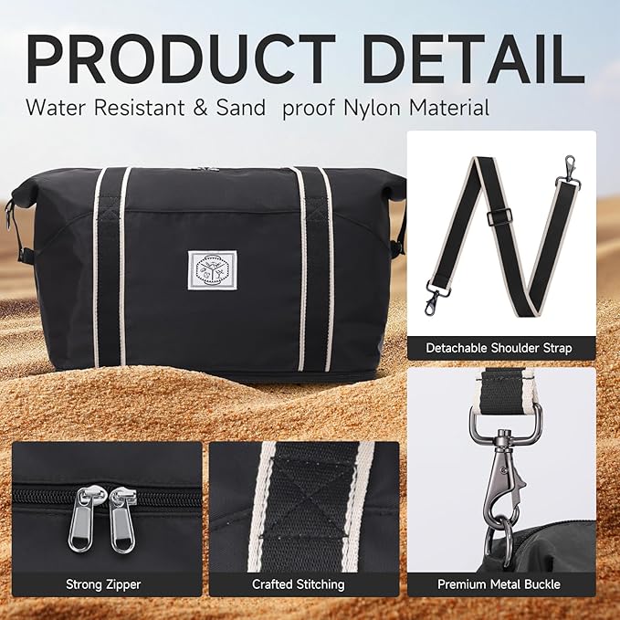 WALNEW Travel Duffel Bag, Weekender Overnight Carry On Bag for Women Men, Foldable Waterproof Gym Luggage with Metal Buckle Detachable Shoulder Strap and Wet Compartment (Black)