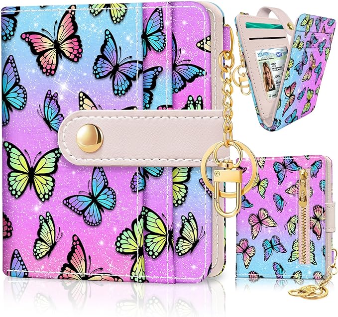 Jogjam Butterfly Rfid Women Wallet, Small Slim Thin Credit Card Wallet, PU Leather Bifold Cash Zipper Coin Pocket ID Window for Female Ladies Teen Girls Girly