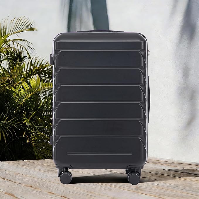 28 Inch Checked-Large Luggage, Lightweight ABS Hard Shell Suitcase with Spinner Wheels, Expandable Travel Luggage with Combination Lock & Side Hooks for Men Women (Black, 28)