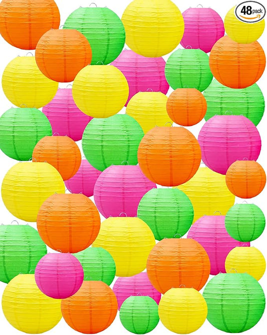 Treela 48 Pcs Paper Lanterns Party Decorations Round,Neon | Chinese Hanging Lamps, Wedding, Party Supplies, Birthday Bridal, 4/6/8/10 Inch, Easy Setup, Asian Decor, Festive Atmosphere