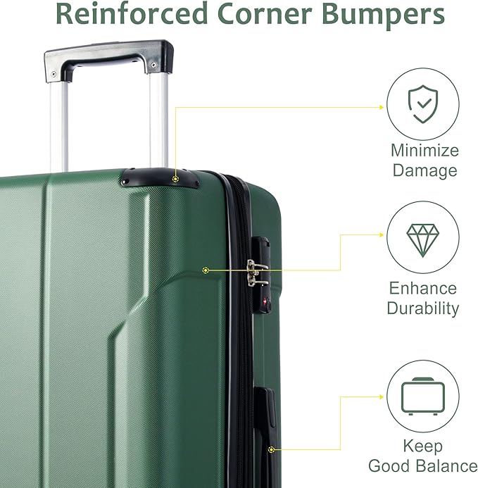 28 Inch Checked-Large Luggage, Lightweight ABS Hard Shell Suitcase with Spinner Wheels, Expandable Travel Luggage with Combination Lock & Side Hooks for Men Women (Green., 28)