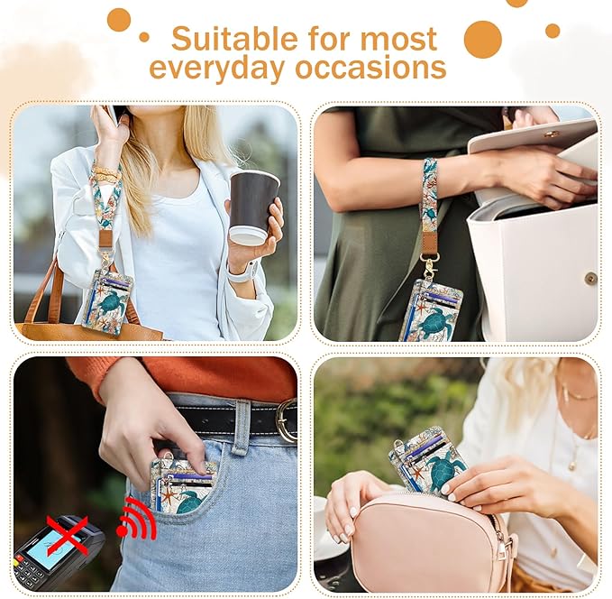 Yonlevres Sea Turtle Credit Card Holder Slim Wallet, RFID Wallet Women Front Pocket Wristlet Lanyard, Small Card Holder Travel Cute Thin ID Window PU Leather Funny Case Organizer Gifts Girls