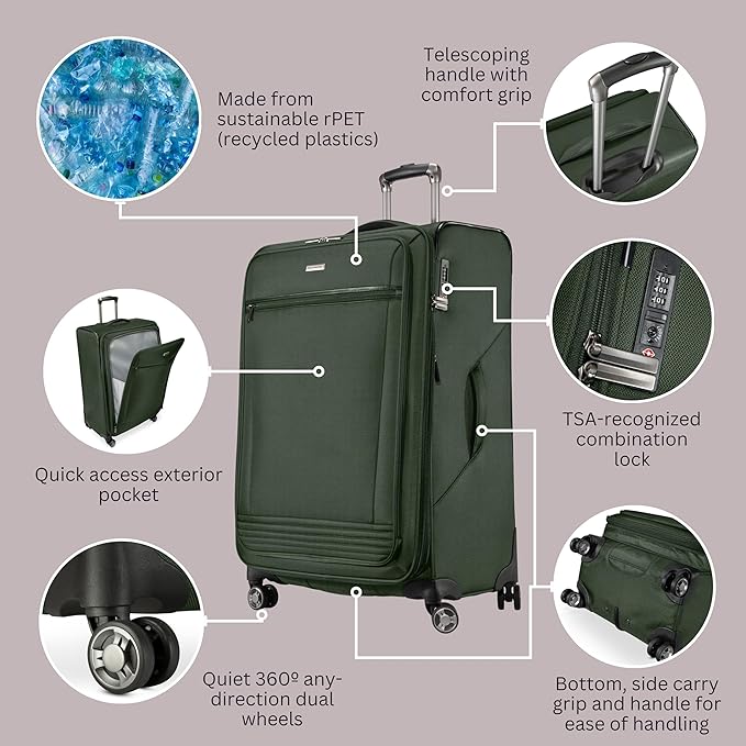 Ricardo Beverly Hills Avalon Softside 2-Piece Luggage Set Made with Sustainable 100% Recycled PET (rPET), Lightweight, Eco-Friendly Travel, Expandable, Dual Spinner Wheels, Juniper Green, (20" & 28")