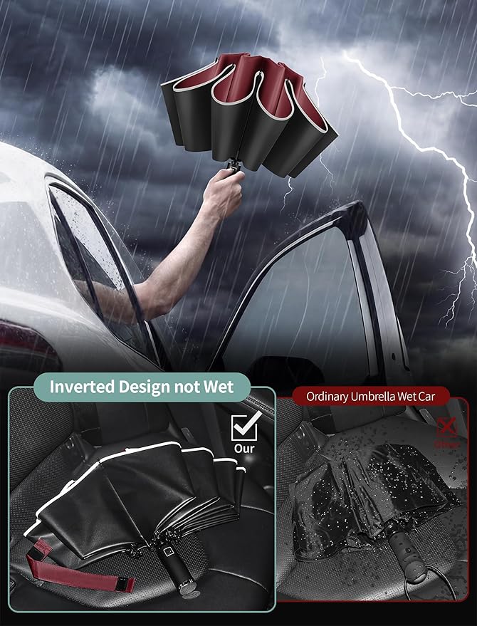 Seniny Inverted Travel Umbrella Compact - Windproof Umbrellas for Rain with Reflective Strip, Large UV Umbrella for Sun Protection, Automatic Portable Umbrellas Fold in Reverse for Car, Backpack
