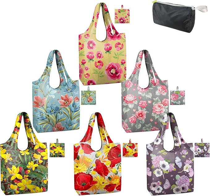 BeeGreen Floral Reusable Grocery Bags Bulk 6 Packs X-Large50LBS, Reusable Shopping Bags Foldable for Groceries, Vegetables, Fruits Bulk Tote Bags Washable For Women Men