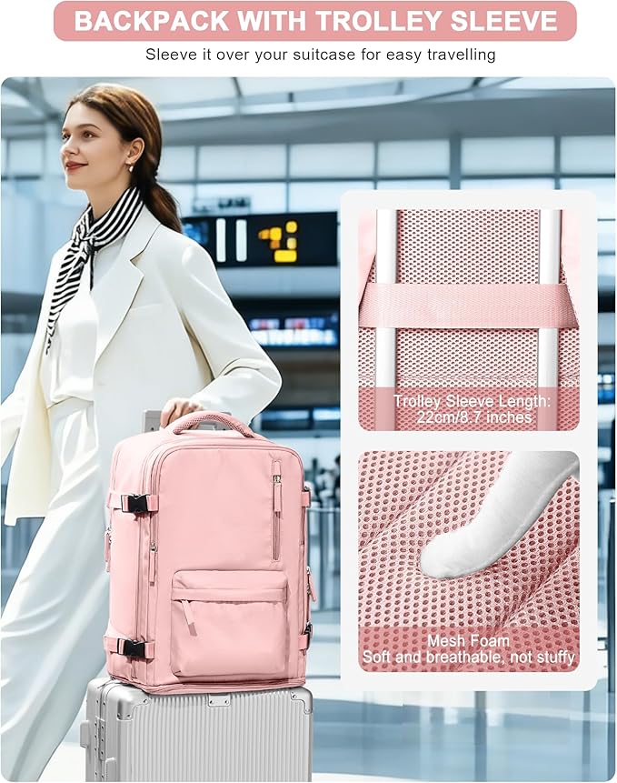 VGCUB Large Travel Backpack Bag for Women Men,Carry on Backpack,17 Inch Laptop Business Work Waterproof Backpack with Laptop Compartment,Person Item Flight Approved,Mochila de Viaje,Pink