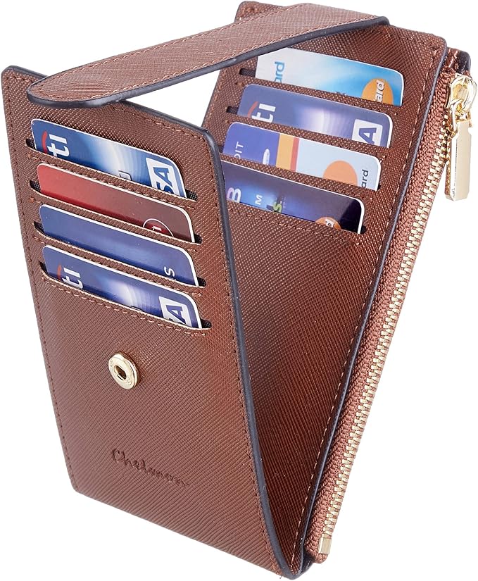 Chelmon Womens Wallet Slim RFID Blocking Bifold Multi Card Case Wallet with Zipper Pocket (Deep Brown)
