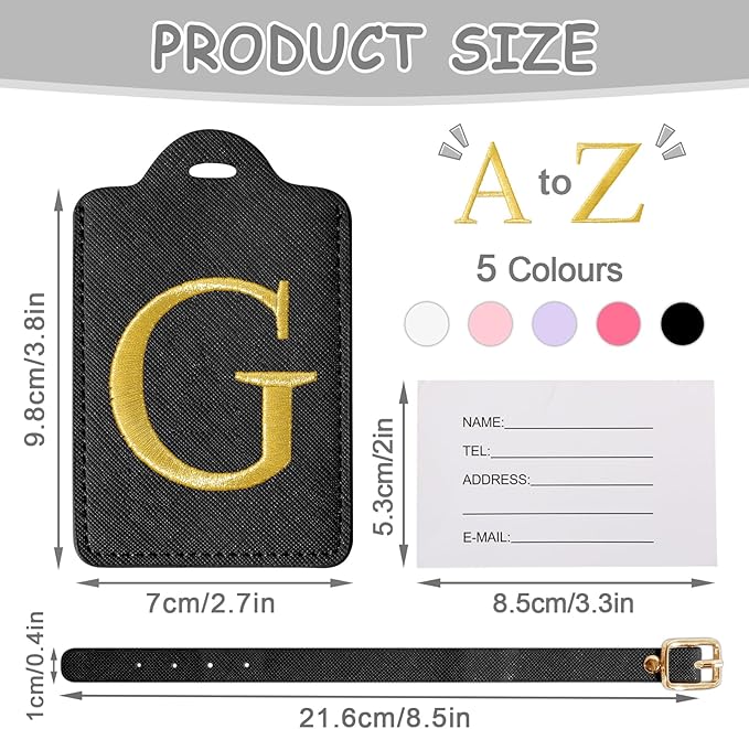 Initial Luggage Tags for Suitcases, Cute Embroidered Letter Luggage Bag Suitcase Identifier Name Baggage Tag, PU Leather Travel Luggage Tags, Bag Tags for Men Women Kids Luggage Handbags(Black G)