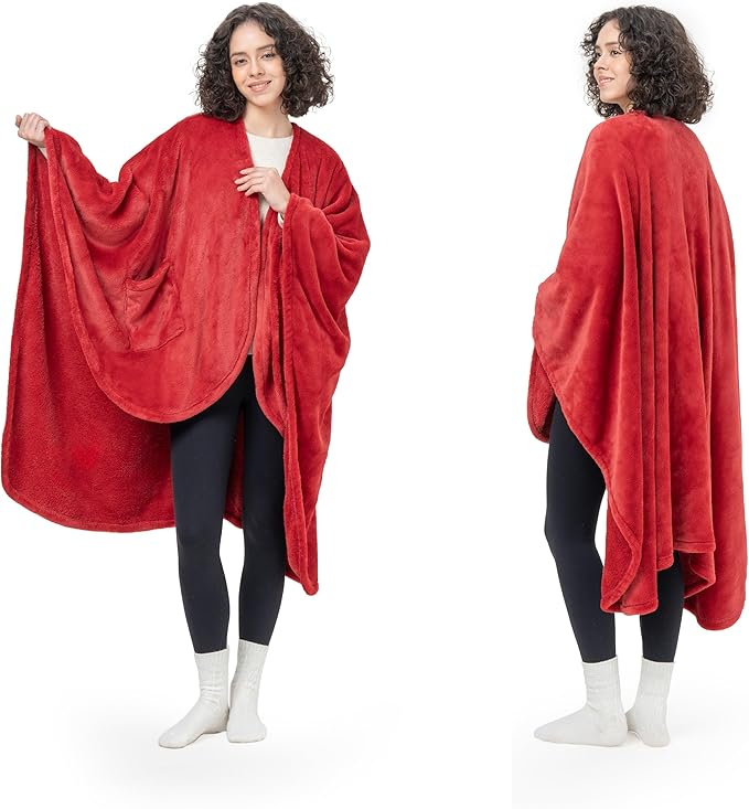 Berkshire Blanket Primalush™ Wearable Blanket, Cozy Loungewear Pocketed Plush Cape Wrap for Adults & Teens(Chili, One Size 58"X64")